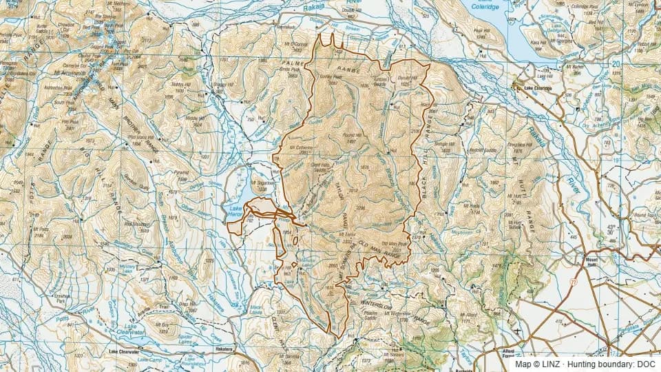 Topographic map of Palmer Range/ Taylor Range in Canterbury, New Zealand, with the DOC hunting boundary outlined.
