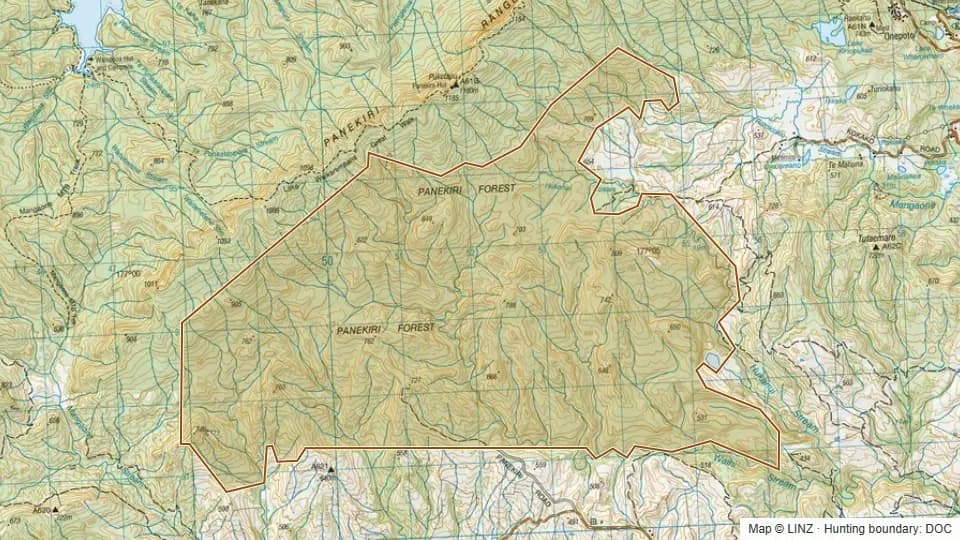 Topographic map of Panekirikiri Conservation Area in Hawke's Bay, New Zealand, with the DOC hunting boundary outlined.