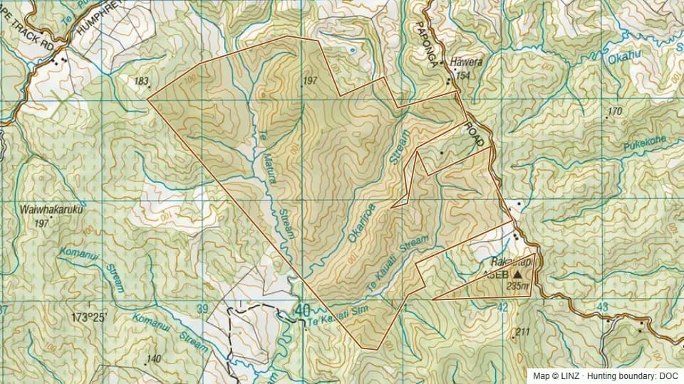 Topographic map of Paponga Conservation Area in Northland, New Zealand, with the DOC hunting boundary outlined.