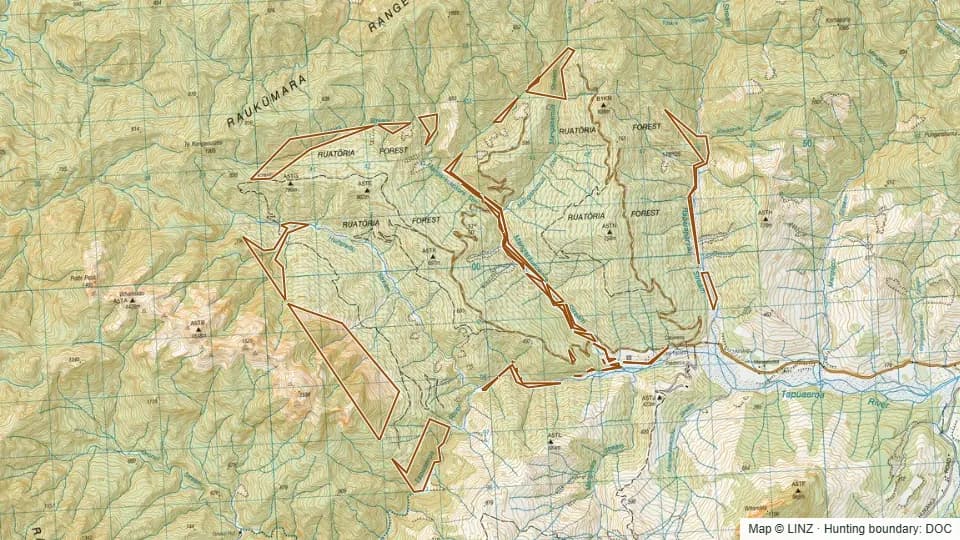Topographic map of Part Rip Allocation No.1 Conservation Area in Gisborne, New Zealand, with the DOC hunting boundary outlined.