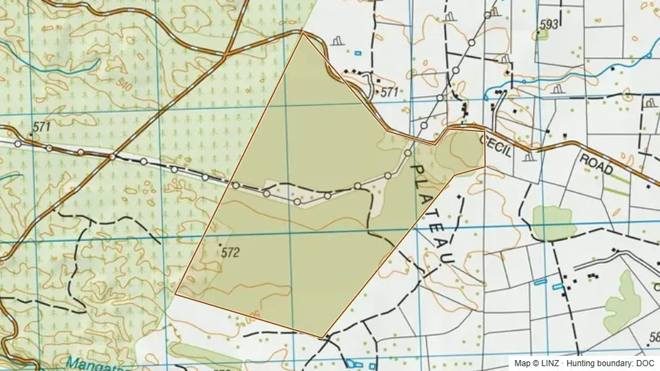 Topographic map of Patetere Scenic Reserve in Waikato, New Zealand, with the DOC hunting boundary outlined.