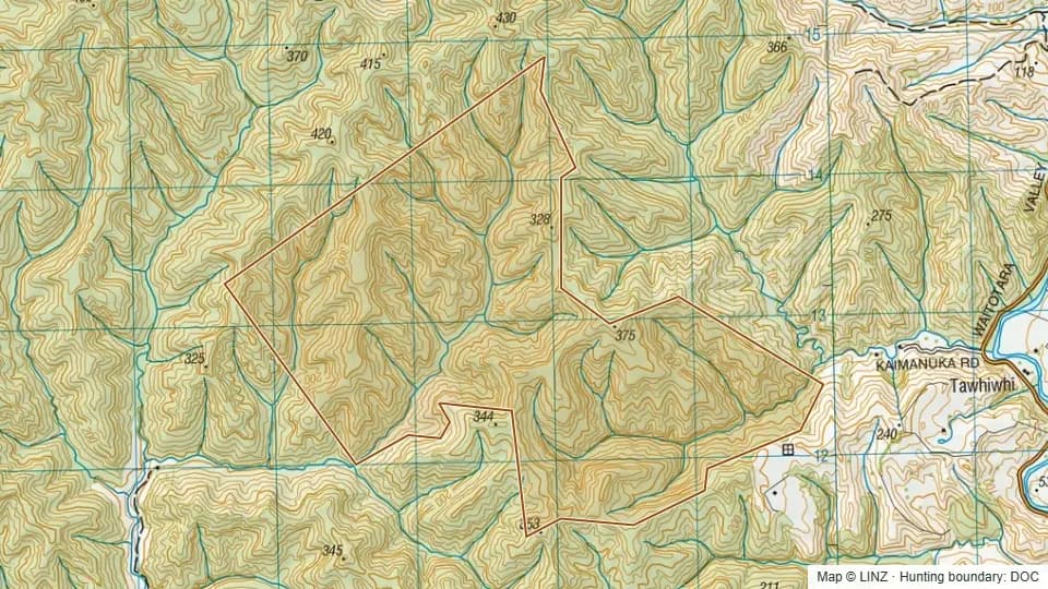 Topographic map of Patukino Scenic Reserve in Taranaki, New Zealand, with the DOC hunting boundary outlined.