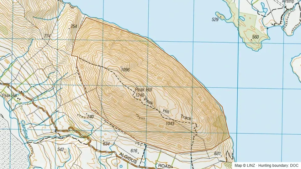 Topographic map of Peak Hill in Canterbury, New Zealand, with the DOC hunting boundary outlined.
