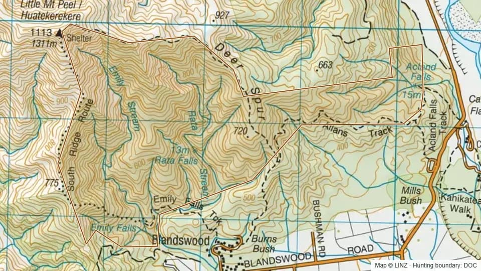 Topographic map of Peel Forest Scenic Reserve in Canterbury, New Zealand, with the DOC hunting boundary outlined.