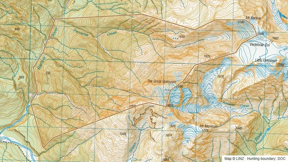 Topographic map of Perverse Creek in West Coast, New Zealand, with the DOC hunting boundary outlined.