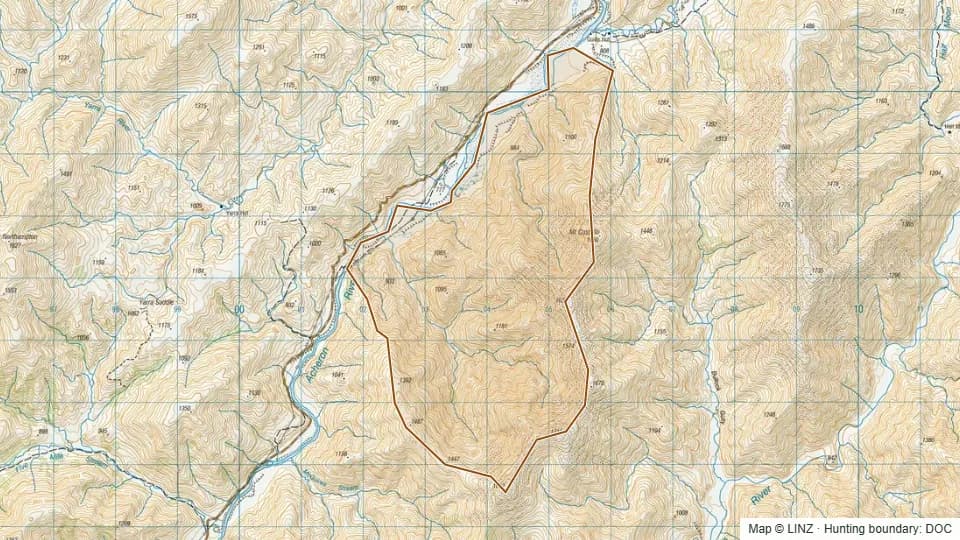Topographic map of Pig Trough in Marlborough, New Zealand, with the DOC hunting boundary outlined.