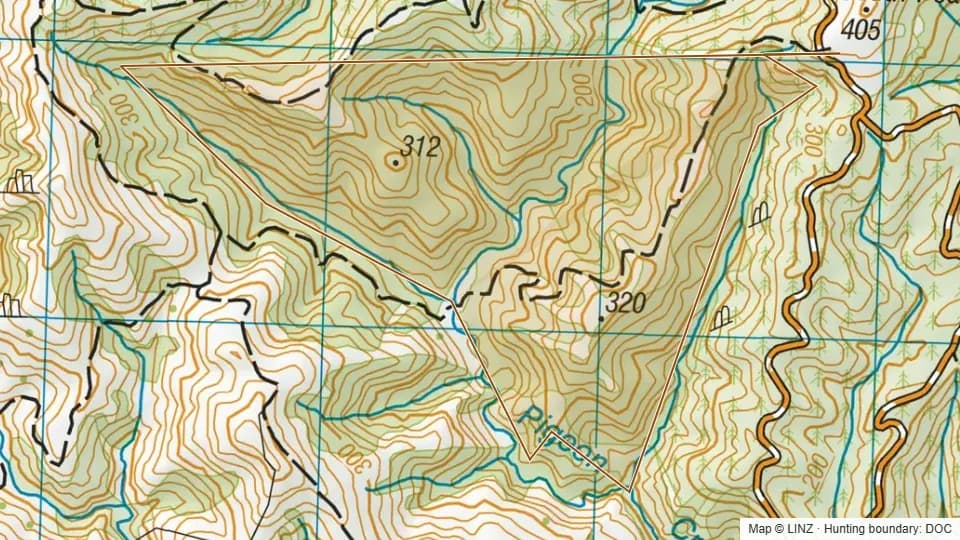 Topographic map of Pigeon Bush in Otago, New Zealand, with the DOC hunting boundary outlined.
