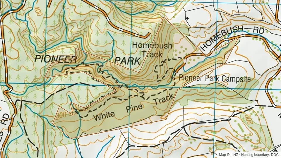 Topographic map of Pioneer Park in Canterbury, New Zealand, with the DOC hunting boundary outlined.