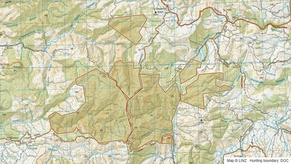 Topographic map of Pirongia Forest Park - King Country in Waikato, New Zealand, with the DOC hunting boundary outlined.