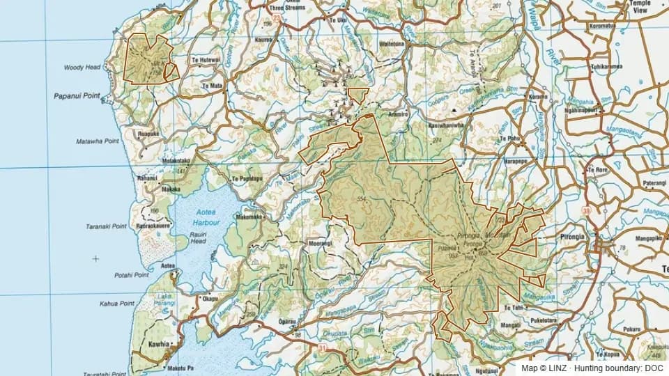 Topographic map of Pirongia Forest Park in Waikato, New Zealand, with the DOC hunting boundary outlined.
