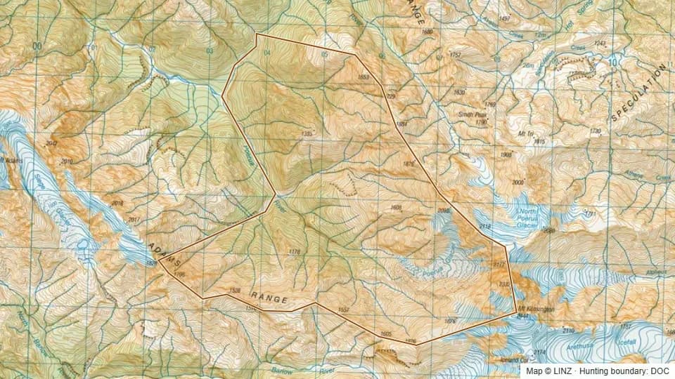 Topographic map of Poerua in West Coast, New Zealand, with the DOC hunting boundary outlined.