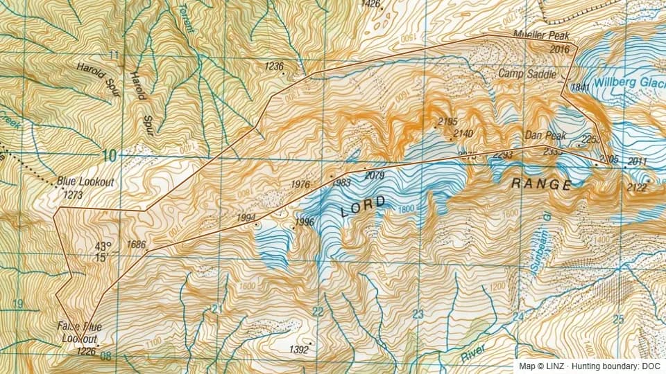 Topographic map of Poker Gully in West Coast, New Zealand, with the DOC hunting boundary outlined.
