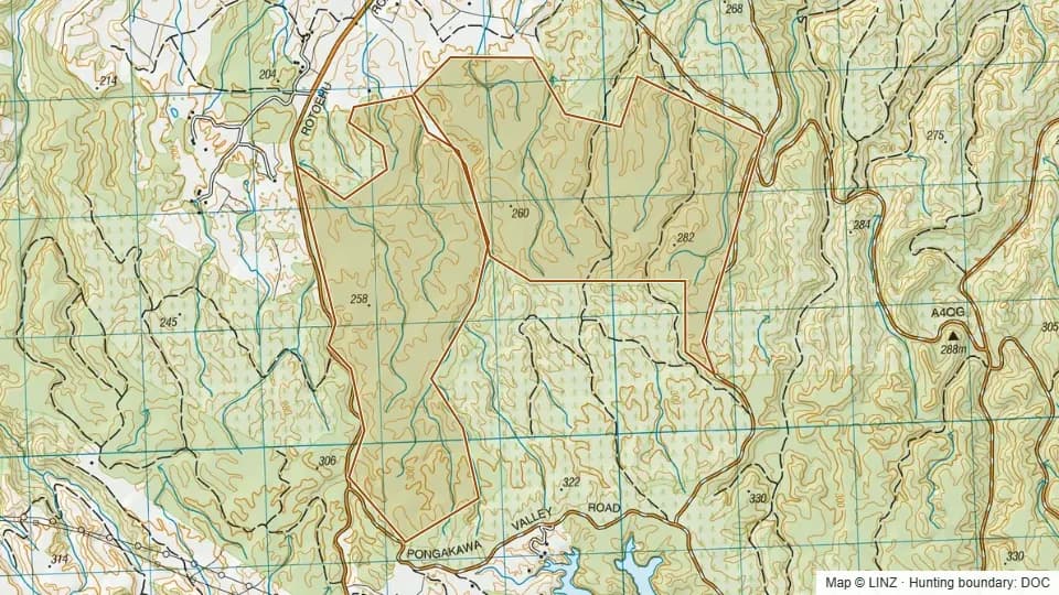 Topographic map of Pongakawa Ecological Area in Bay of Plenty, New Zealand, with the DOC hunting boundary outlined.