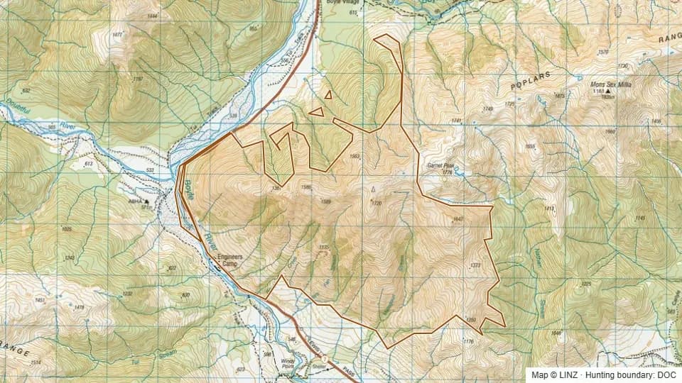 Topographic map of Poplars Range in Canterbury, New Zealand, with the DOC hunting boundary outlined.