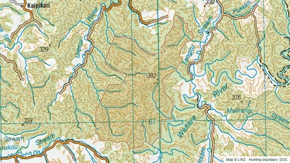 Topographic map of Pouiatoa Conservation Area in Taranaki, New Zealand, with the DOC hunting boundary outlined.