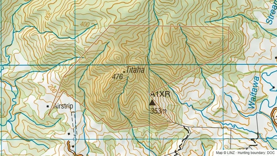 Topographic map of Pukemiro Block Scenic Reserve in Northland, New Zealand, with the DOC hunting boundary outlined.