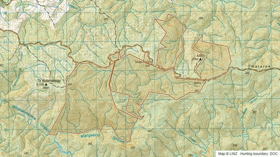 Topographic map of Puketi Forest Addition in Northland, New Zealand, with the DOC hunting boundary outlined.