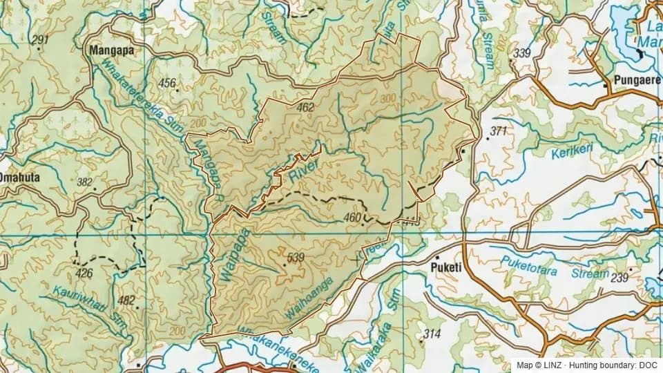Topographic map of Puketi Forest in Northland, New Zealand, with the DOC hunting boundary outlined.