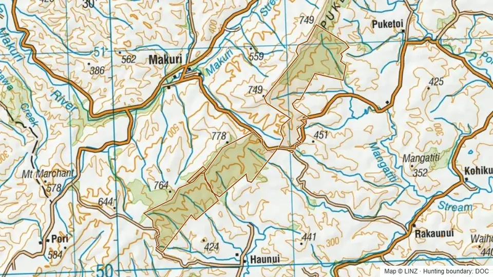 Topographic map of Puketoi Conservation Area in Manawatu-Wanganui, New Zealand, with the DOC hunting boundary outlined.