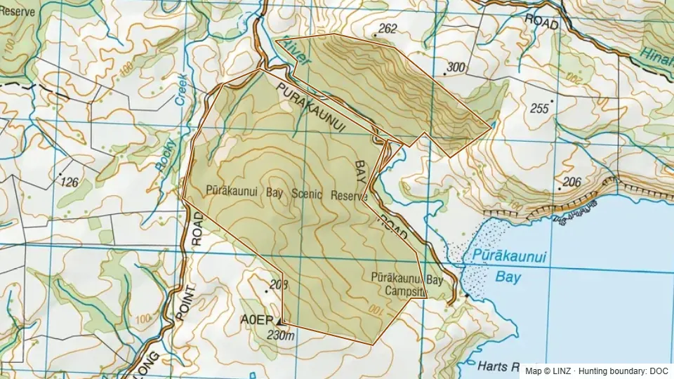 Topographic map of Purakaunui Bay in Otago, New Zealand, with the DOC hunting boundary outlined.