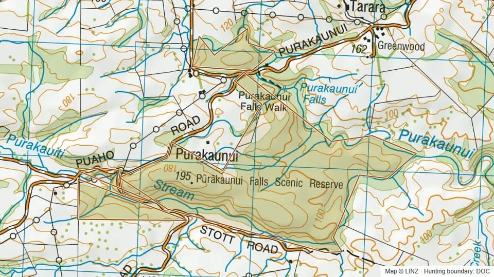 Topographic map of Purakaunui Falls in Otago, New Zealand, with the DOC hunting boundary outlined.