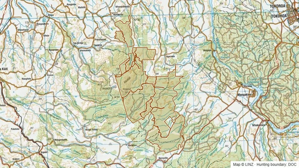 Topographic map of Pureora Recreational Hunting Area in Waikato, New Zealand, with the DOC hunting boundary outlined.
