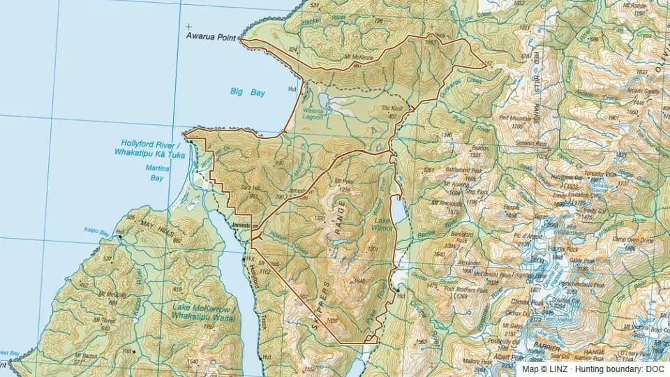 Topographic map of Pyke Forest/Big Bay in Southland, New Zealand, with the DOC hunting boundary outlined.