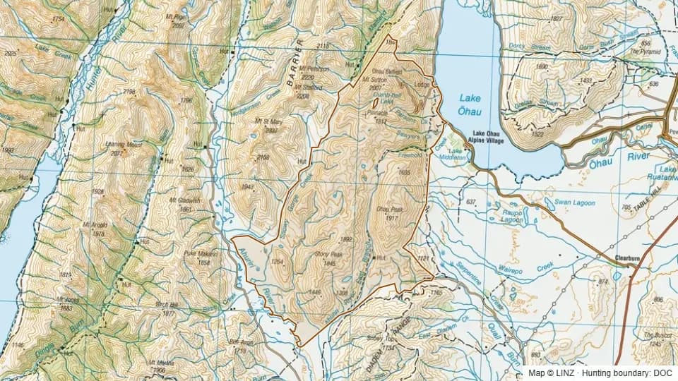 Topographic map of Quailburn in Canterbury, New Zealand, with the DOC hunting boundary outlined.