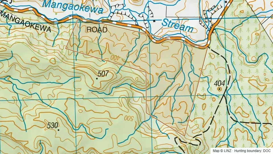 Topographic map of Raepahu Fernbird Ecological Area in Waikato, New Zealand, with the DOC hunting boundary outlined.