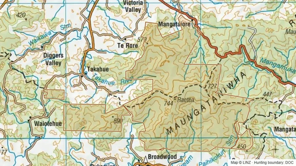 Topographic map of Raetea Forest (Pt.Northland Conservation Park) in Northland, New Zealand, with the DOC hunting boundary outlined.
