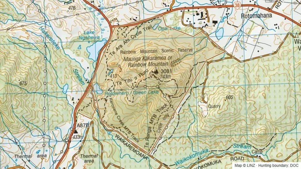 Topographic map of Rainbow Mountain Scenic Reserve - Maunga Kakaramea in Waikato, New Zealand, with the DOC hunting boundary outlined.