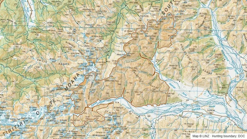 Topographic map of Rakaia/ Mathias in Canterbury, New Zealand, with the DOC hunting boundary outlined.