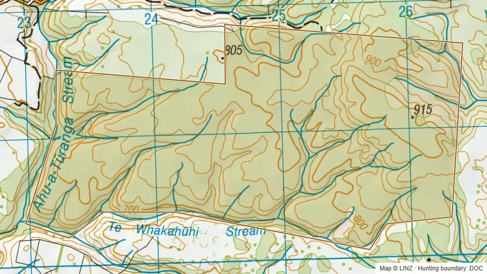 Topographic map of Raketapauma Conservation Area in Manawatu-Wanganui, New Zealand, with the DOC hunting boundary outlined.