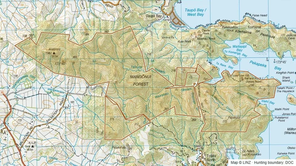 Topographic map of Ranfurly Bay Scenic Reserve in Northland, New Zealand, with the DOC hunting boundary outlined.