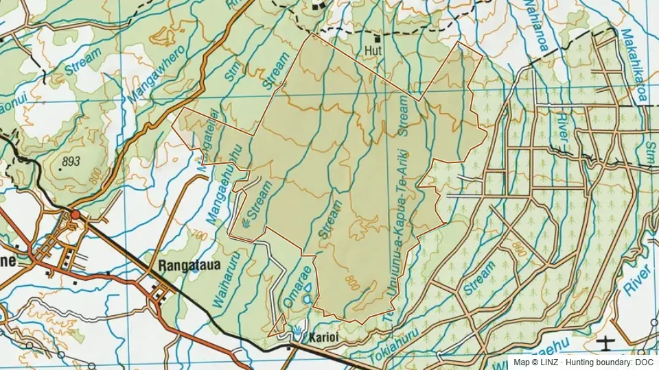 Topographic map of Rangataua Conservation Area in Manawatu-Wanganui, New Zealand, with the DOC hunting boundary outlined.
