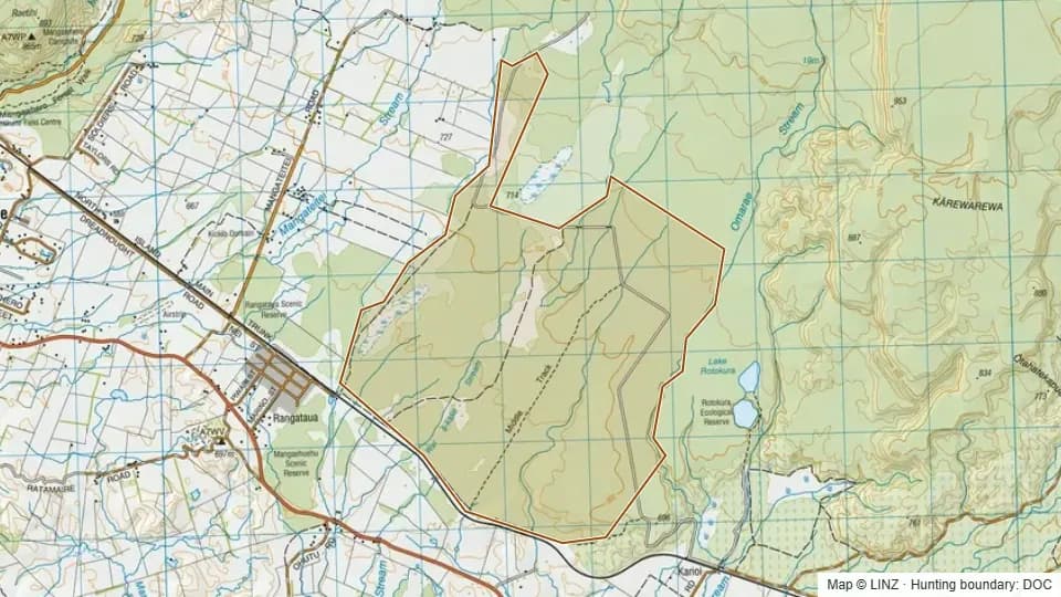 Topographic map of Rangataua No.2 Conservation Area in Manawatu-Wanganui, New Zealand, with the DOC hunting boundary outlined.