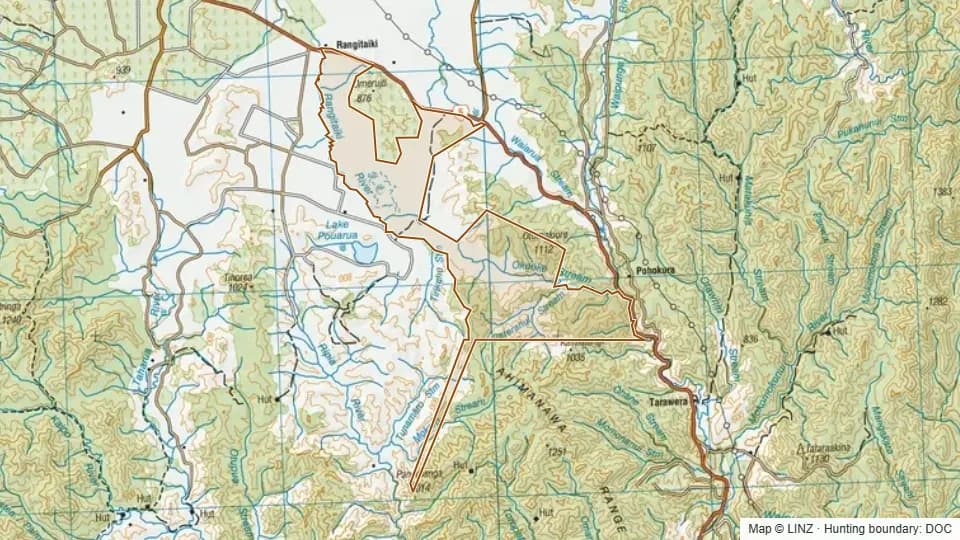 Topographic map of Rangitaiki Conservation Area in Bay of Plenty, New Zealand, with the DOC hunting boundary outlined.