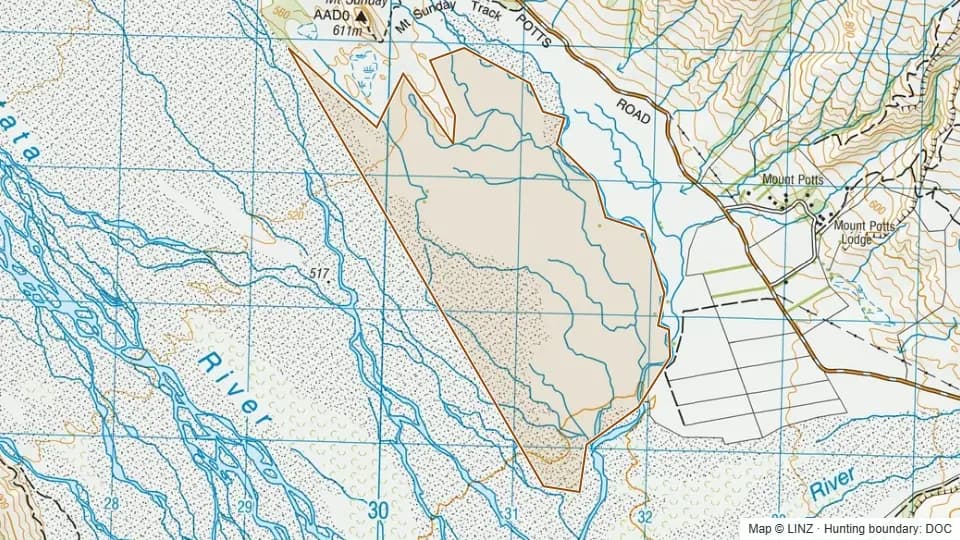 Topographic map of Rangitata River - Mt Sunday surrounding in Canterbury, New Zealand, with the DOC hunting boundary outlined.