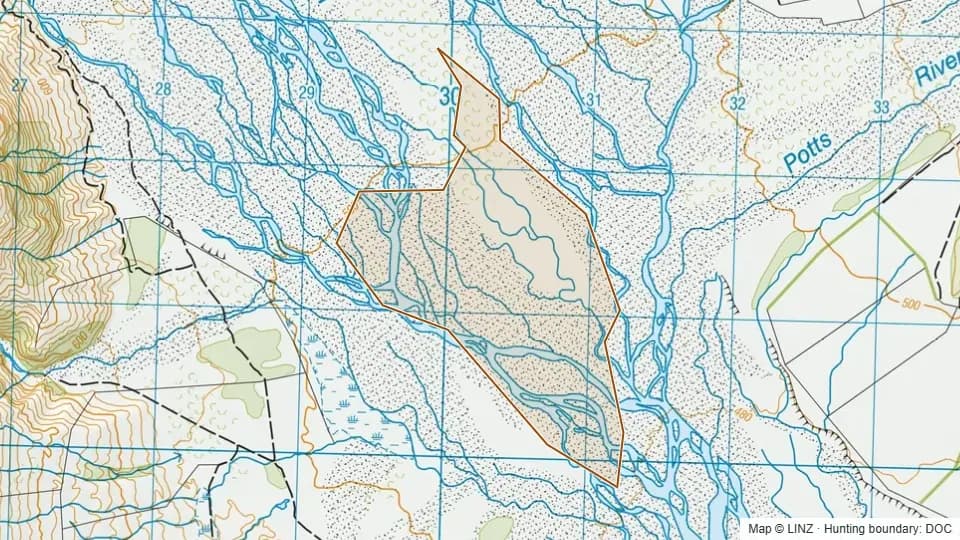 Topographic map of Rangitata/Potts confluence in Canterbury, New Zealand, with the DOC hunting boundary outlined.