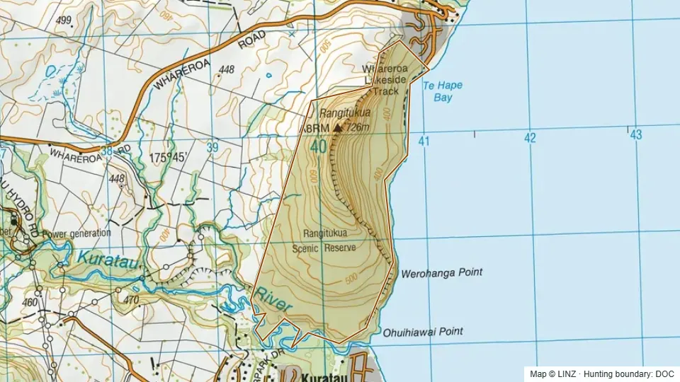 Topographic map of Rangitukua Scenic Reserve in Waikato, New Zealand, with the DOC hunting boundary outlined.