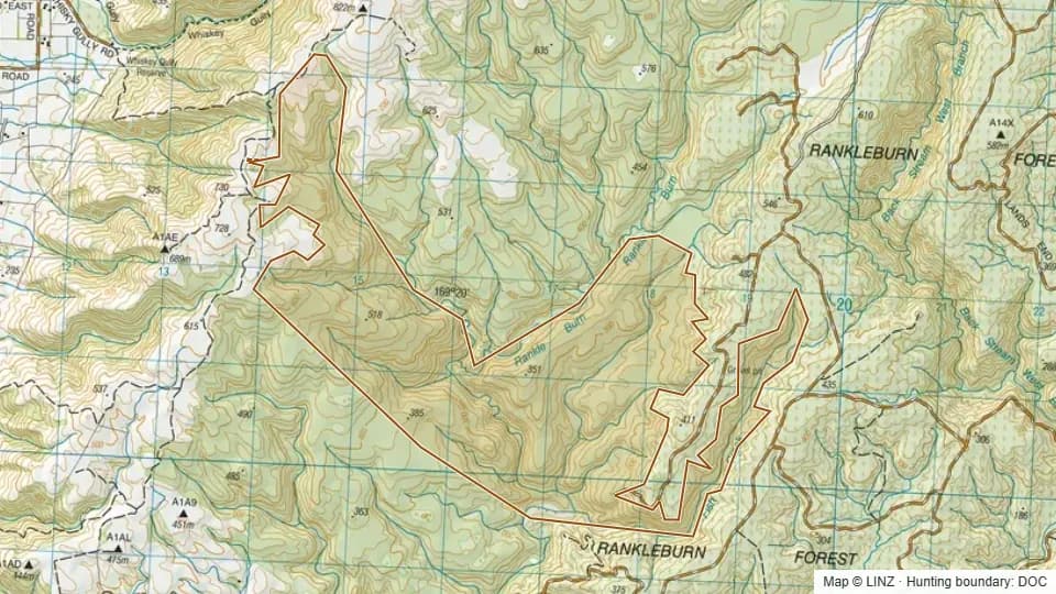 Topographic map of Rankleburn - Blue Mountains in Otago, New Zealand, with the DOC hunting boundary outlined.