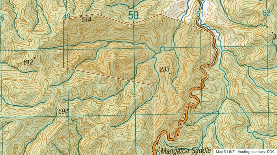 Topographic map of Rararimu Stream Scenic Reserve in Waikato, New Zealand, with the DOC hunting boundary outlined.