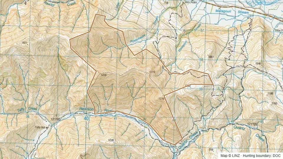 Topographic map of Rata Peaks in Canterbury, New Zealand, with the DOC hunting boundary outlined.