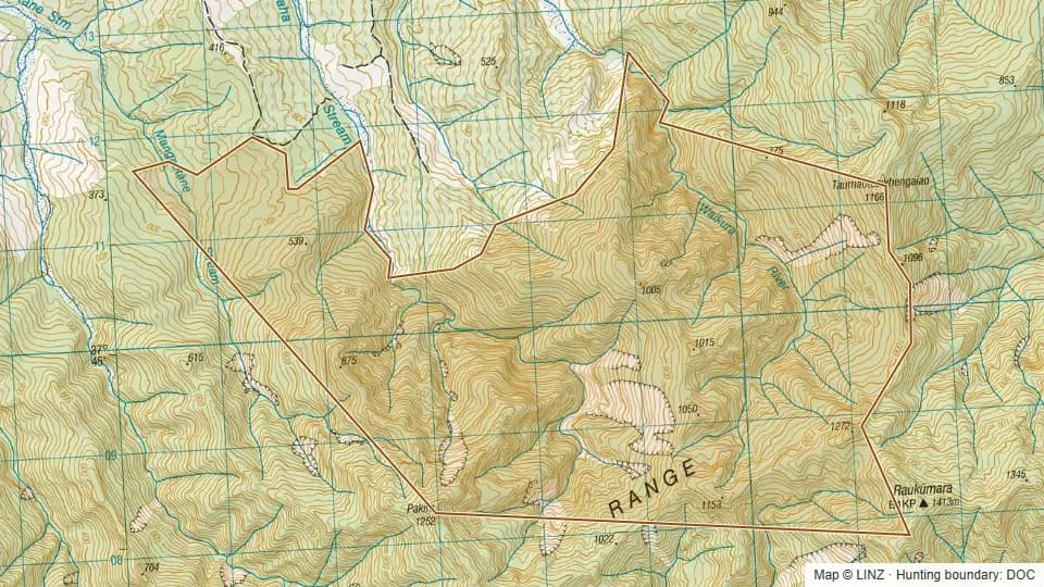 Topographic map of Raukumara Conservation Area in Gisborne, New Zealand, with the DOC hunting boundary outlined.