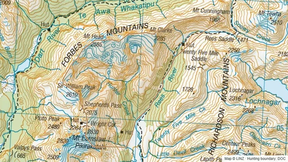 Topographic map of Rees Valley in Otago, New Zealand, with the DOC hunting boundary outlined.