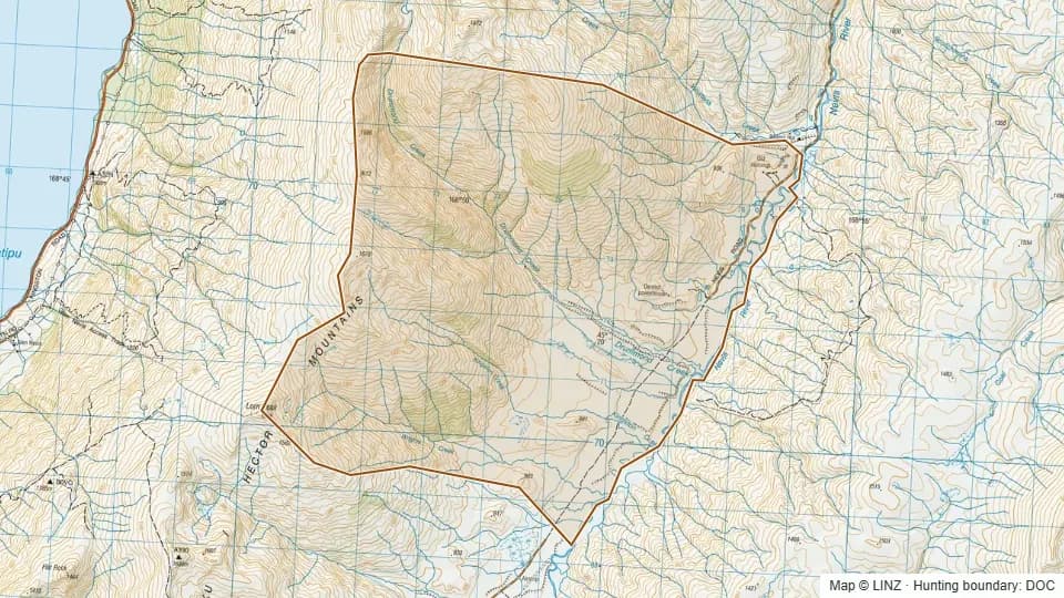 Topographic map of Remarkables (Central Otago) in Otago, New Zealand, with the DOC hunting boundary outlined.