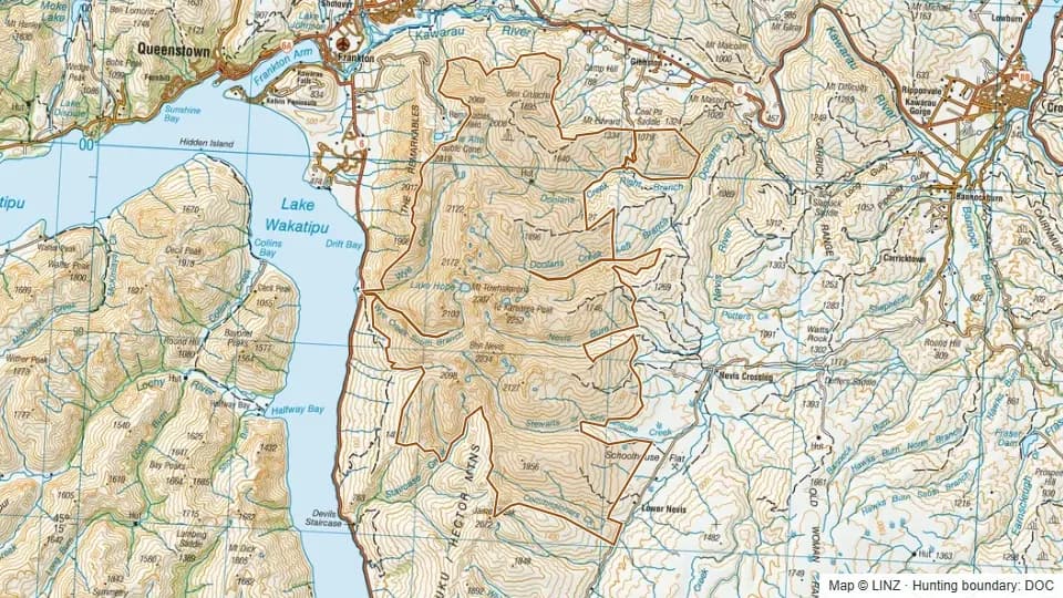 Topographic map of Remarkables in Otago, New Zealand, with the DOC hunting boundary outlined.