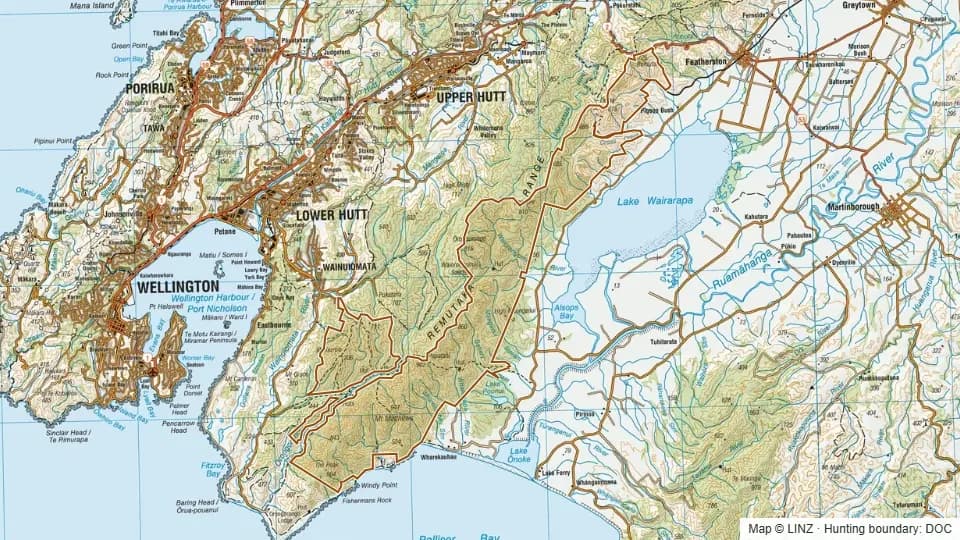 Topographic map of Remutaka Forest Park in Wellington, New Zealand, with the DOC hunting boundary outlined.