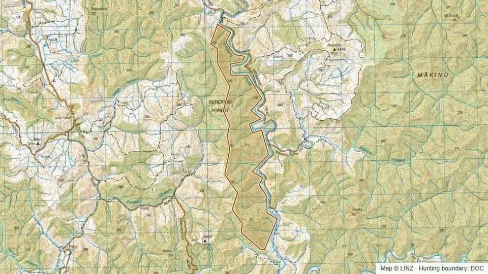 Topographic map of Rerekino Conservation Area in Taranaki, New Zealand, with the DOC hunting boundary outlined.