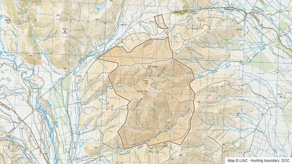 Topographic map of Ribbonwood Conservation Area in Canterbury, New Zealand, with the DOC hunting boundary outlined.